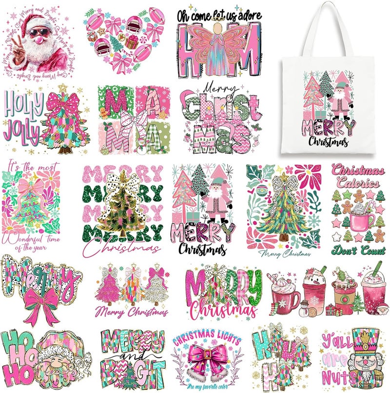 HTVSTD 20 Sheets Christmas DTF Transfers Ready to Press Pink Letters Iron on Transfers Colorful Iron on Decals for T-Shirts DIY Patches Decals - Image 1